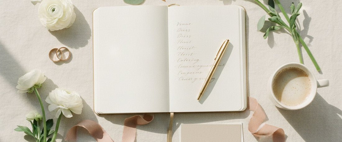 A wedding planning flat-lay with an open planner and handwritten checklist, gold pen, wedding rings, and white flowers on cream linen.