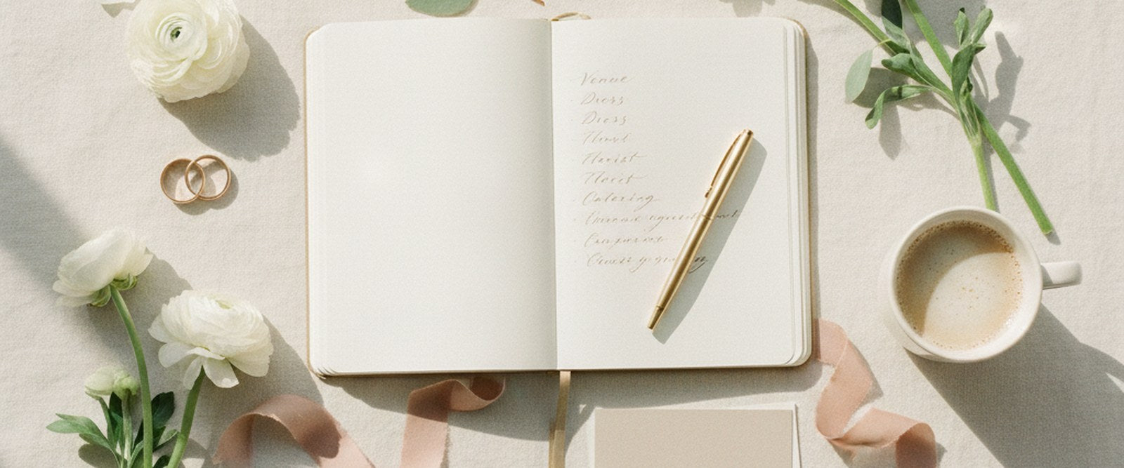 A wedding planning flat-lay with an open planner and handwritten checklist, gold pen, wedding rings, and white flowers on cream linen.