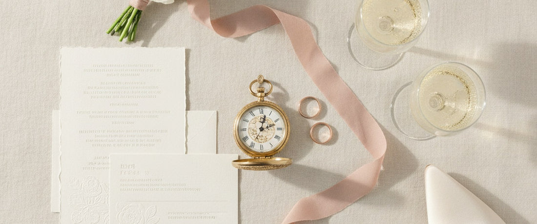 A wedding-day flat-lay with a gold pocket watch, wedding rings, blush ribbon, champagne, and an ivory invitation suite on cream linen.