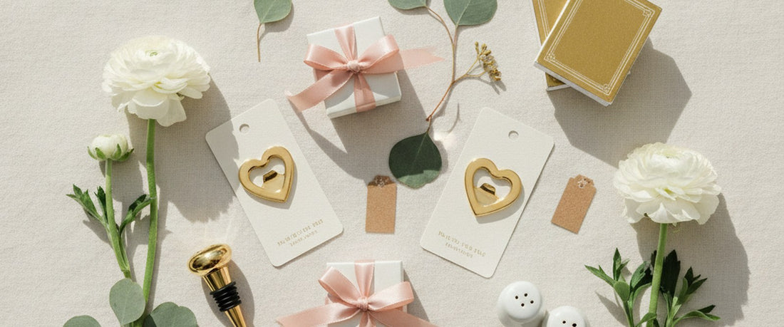 A styled flat-lay of wedding favor ideas: gold heart bottle openers, blush-ribbon gift boxes, a gold wine stopper, porcelain salt and pepper shakers, and gold foil playing cards on cream linen.