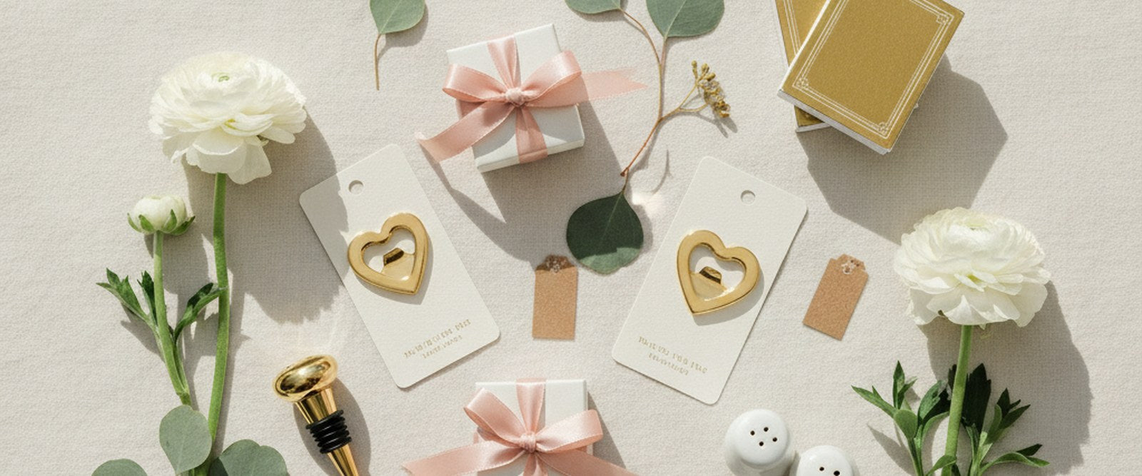 A styled flat-lay of wedding favor ideas: gold heart bottle openers, blush-ribbon gift boxes, a gold wine stopper, porcelain salt and pepper shakers, and gold foil playing cards on cream linen.