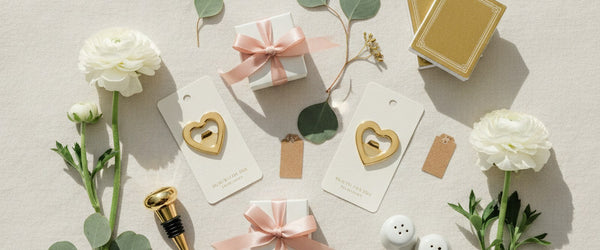 A styled flat-lay of wedding favor ideas: gold heart bottle openers, blush-ribbon gift boxes, a gold wine stopper, porcelain salt and pepper shakers, and gold foil playing cards on cream linen.