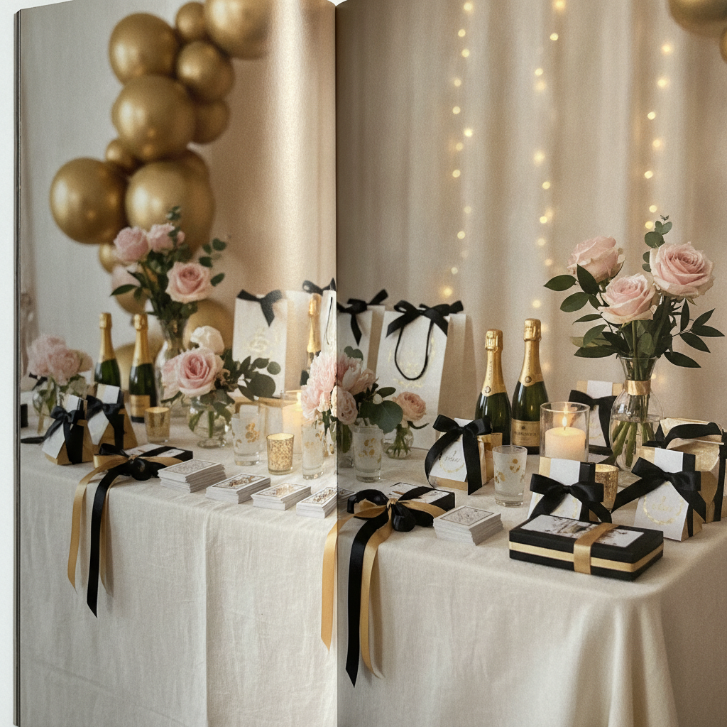 An elegant 40th birthday party favor table with personalized favor boxes, playing cards, champagne, and a gold balloon garland