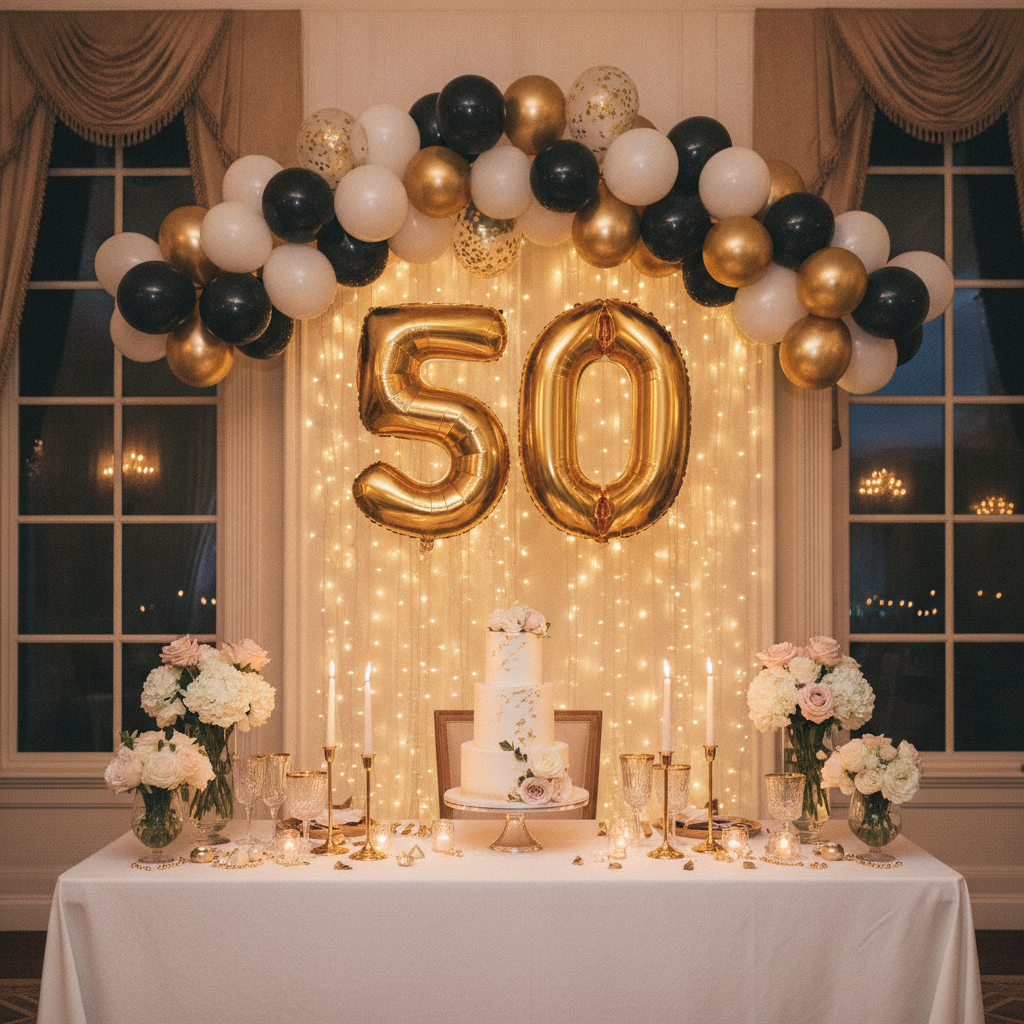 Elegant 50th birthday party with a gold number 50 balloon under a black and gold balloon garland arch, dessert table, cake, florals, and warm string lights