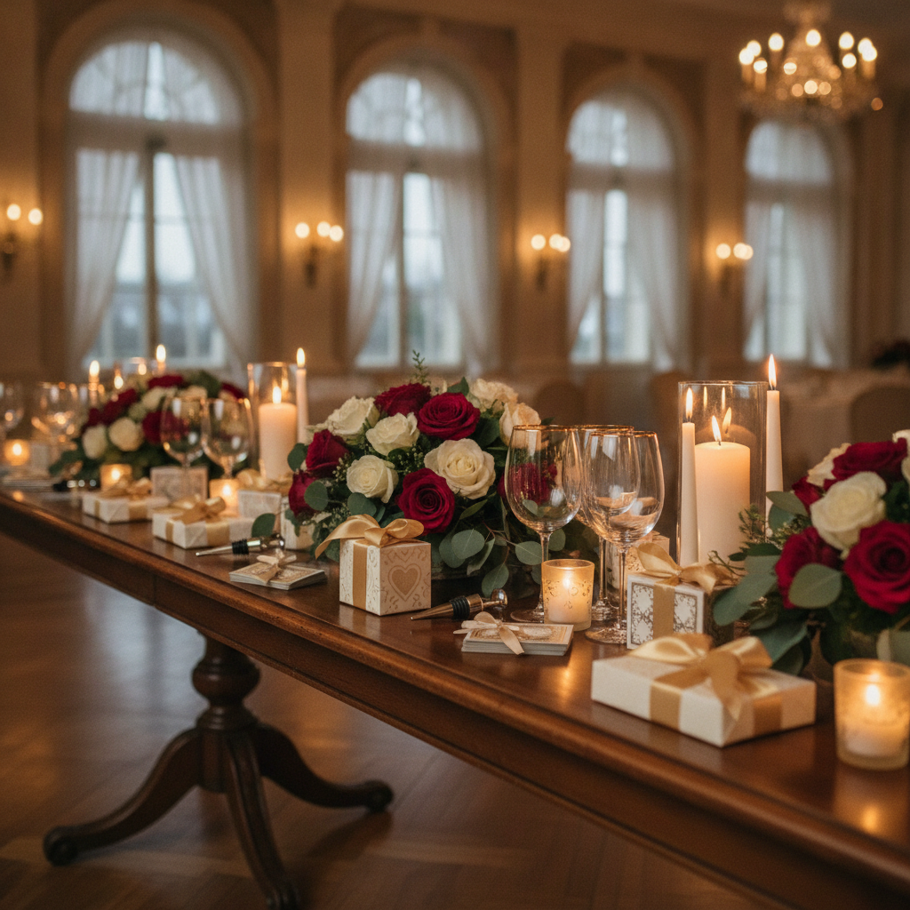 An elegant wedding anniversary favor table with personalized wine glasses, favor boxes, wine stoppers, and red and white roses by candlelight