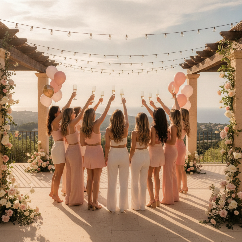A group of women in coordinated blush and white outfits raising champagne glasses at a bachelorette party on a sunny villa terrace with balloons and string lights