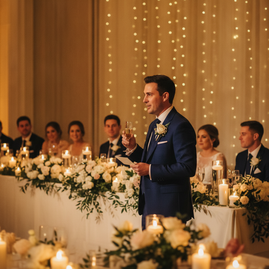 A best man in a navy suit giving a toast at a wedding reception, holding a champagne glass and a card, with the couple and wedding party at a candlelit head table behind him