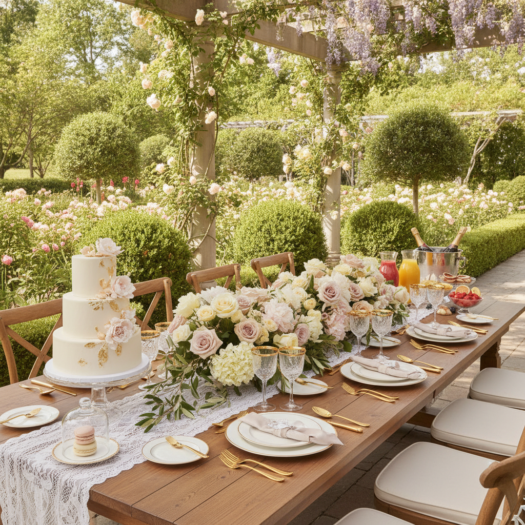 An elegant daytime bridal shower brunch table in a garden with pastel florals, a tiered cake, gold-rimmed glassware, and a mimosa station