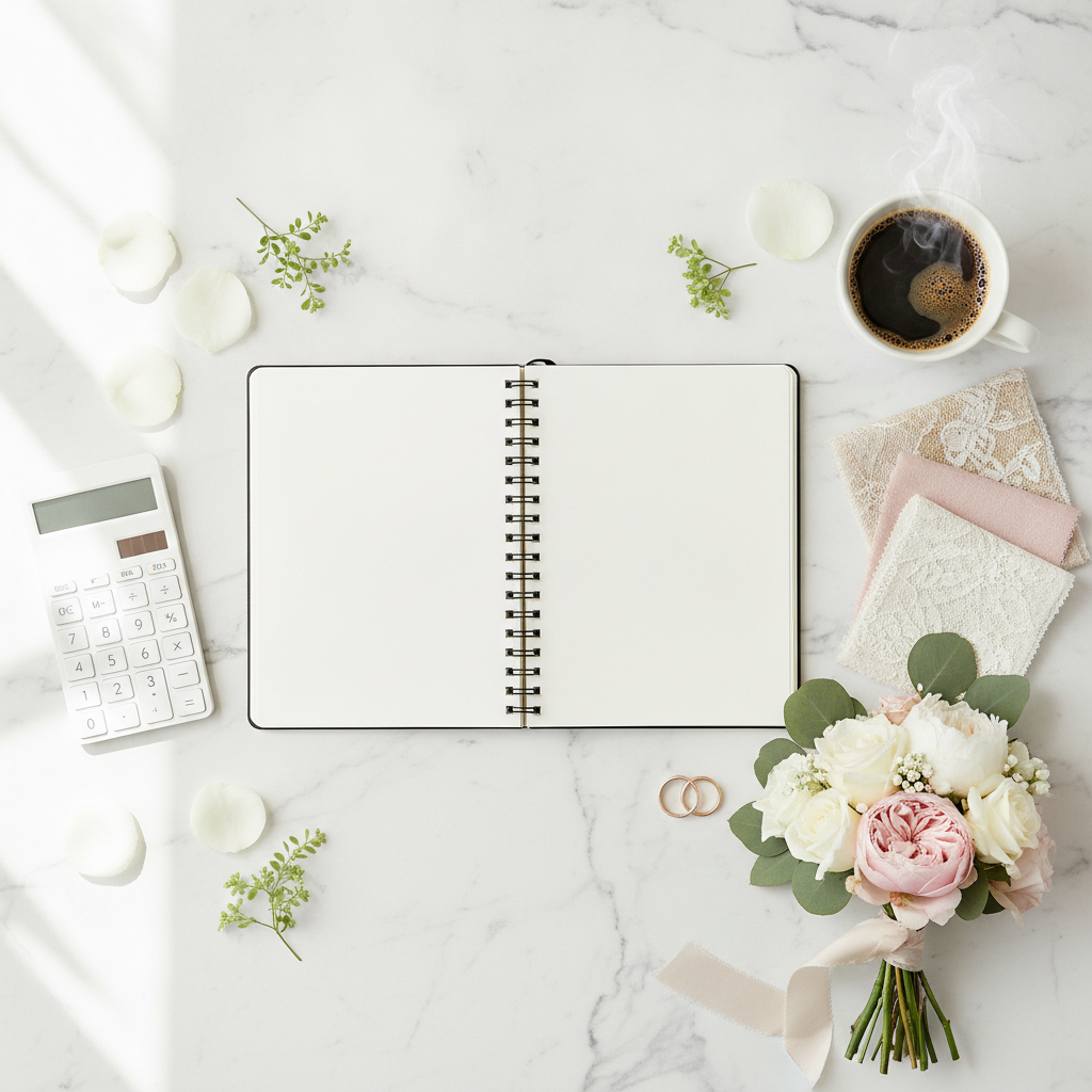 An elegant wedding planning flat-lay with an open planner, calculator, wedding rings, a bouquet, coffee, and fabric swatches on a marble desk