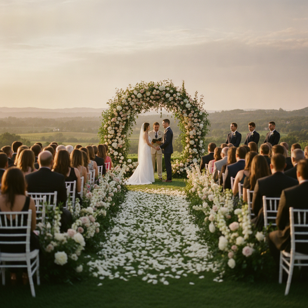 A wedding ceremony at golden hour with a couple standing beneath a floral arch at the end of a petal-lined aisle, guests seated on both sides