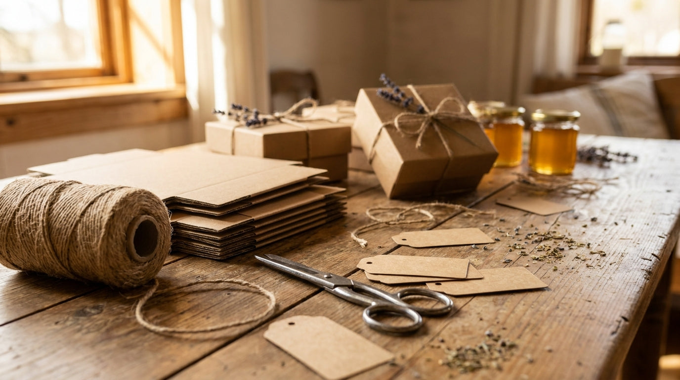 A farmhouse table mid-project with flat kraft favor boxes, a spool of jute twine, blank kraft tags, scissors, and small jars of honey for DIY wedding favors