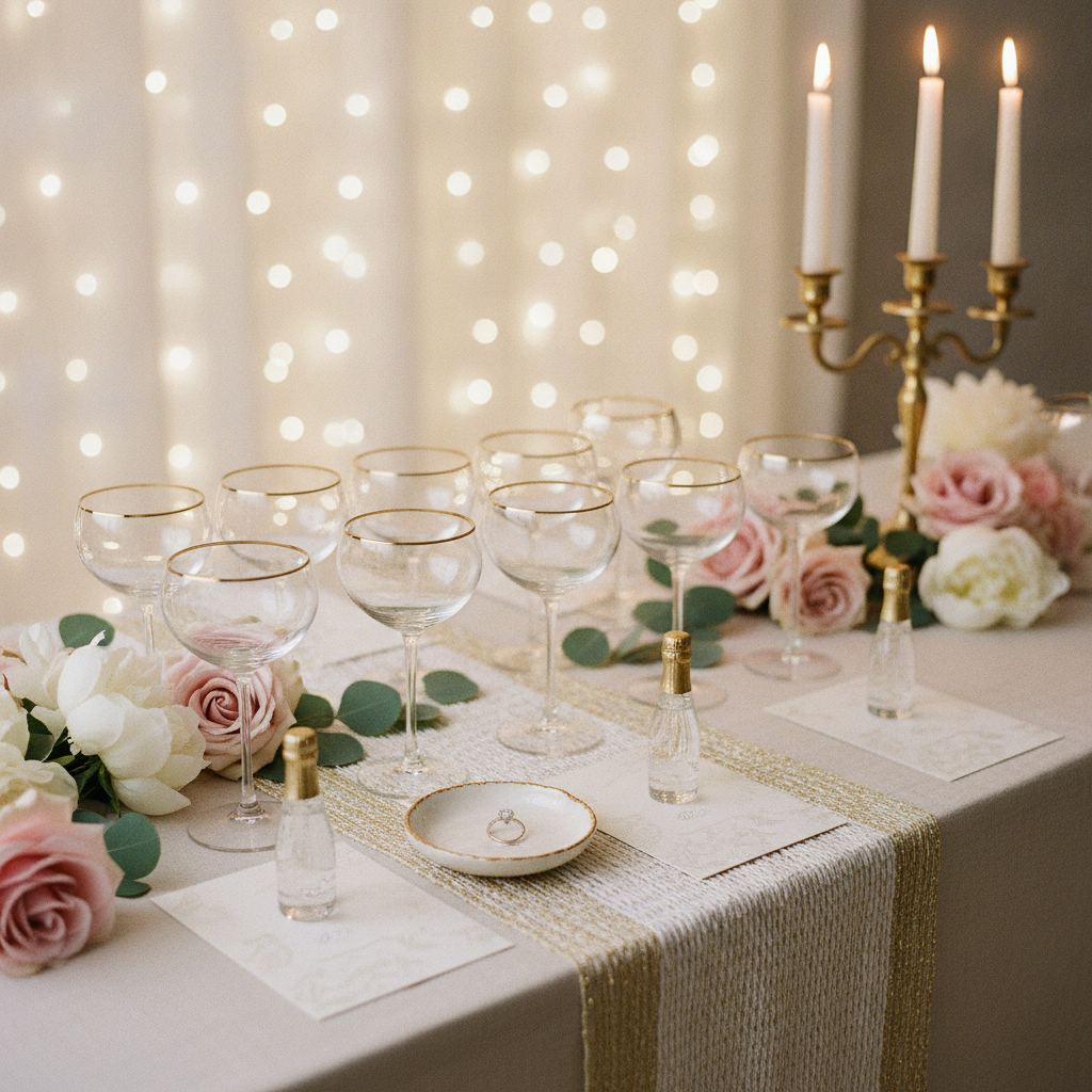 An elegant engagement party favor display with champagne coupe glasses, a ring dish, personalized favor cards, and blush roses by candlelight