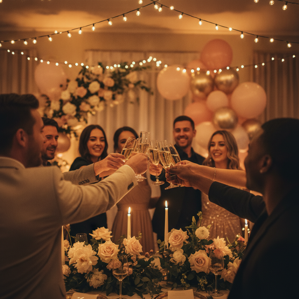 A celebratory engagement party with friends and family raising champagne glasses under string lights, with blush and gold balloons and florals