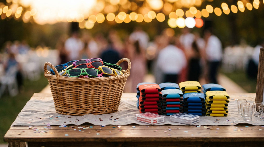 A playful wedding favor table with a basket of colorful party sunglasses, stacks of bright can cooler koozies, playing cards, and shot glasses at an outdoor reception