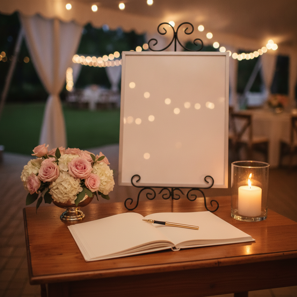 An elegant wedding guest book signing station with an open blank book, a gold pen, blush florals, a candle, and a blank framed sign on an easel