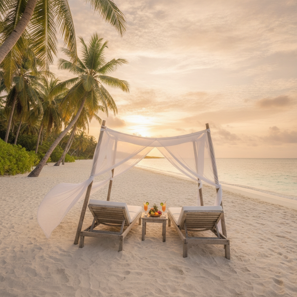 A dreamy tropical honeymoon at sunset with two lounge chairs under a white canopy on a palm-lined white sand beach beside calm turquoise water