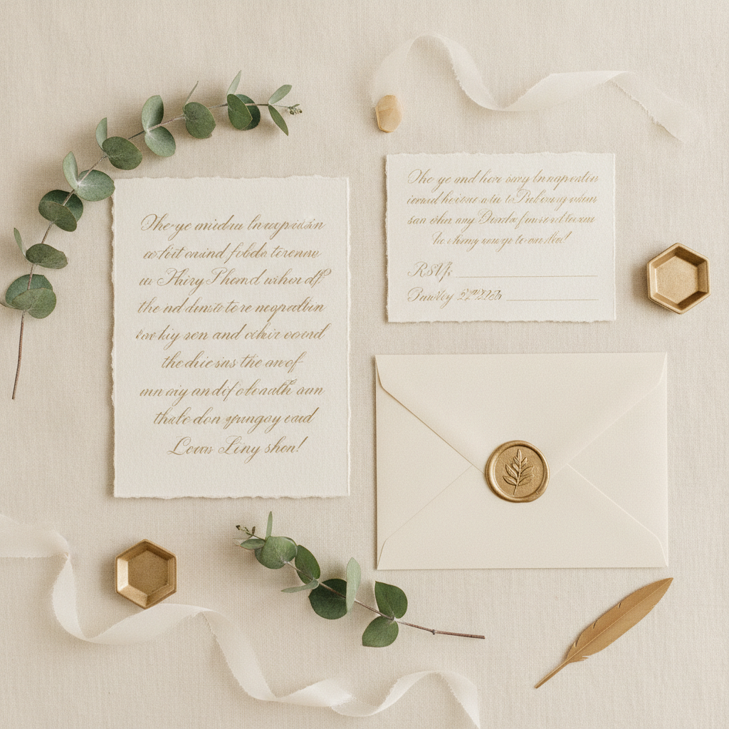 An elegant flat-lay of a wedding invitation suite with a cream envelope, gold wax seal, silk ribbon, and eucalyptus on ivory linen