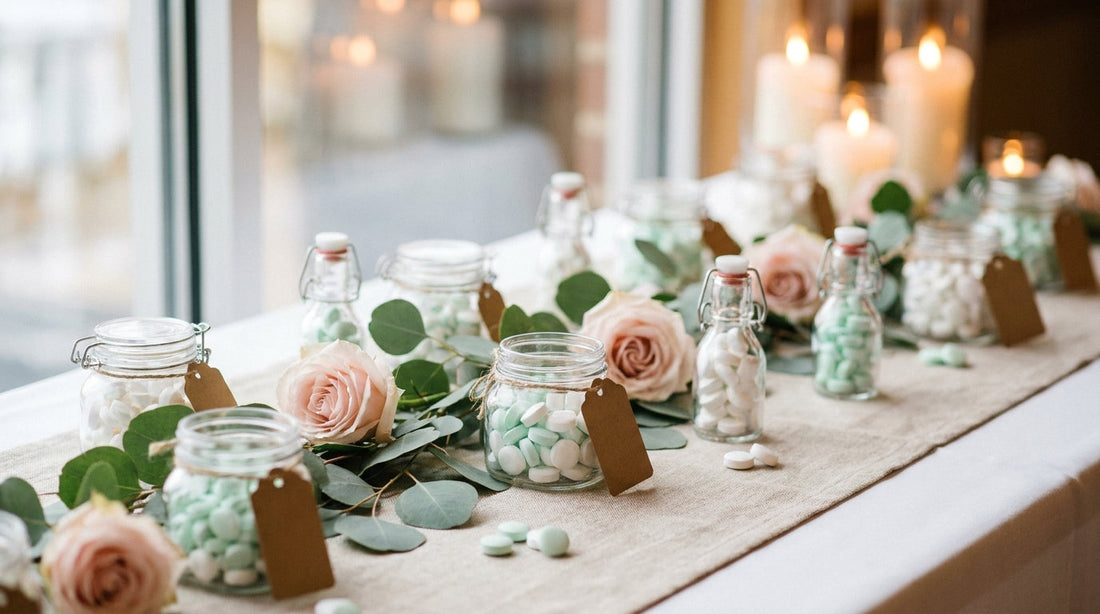 A wedding favor table with small glass jars and swing top bottles filled with pastel mint candies, blank kraft tags, blush roses, and eucalyptus