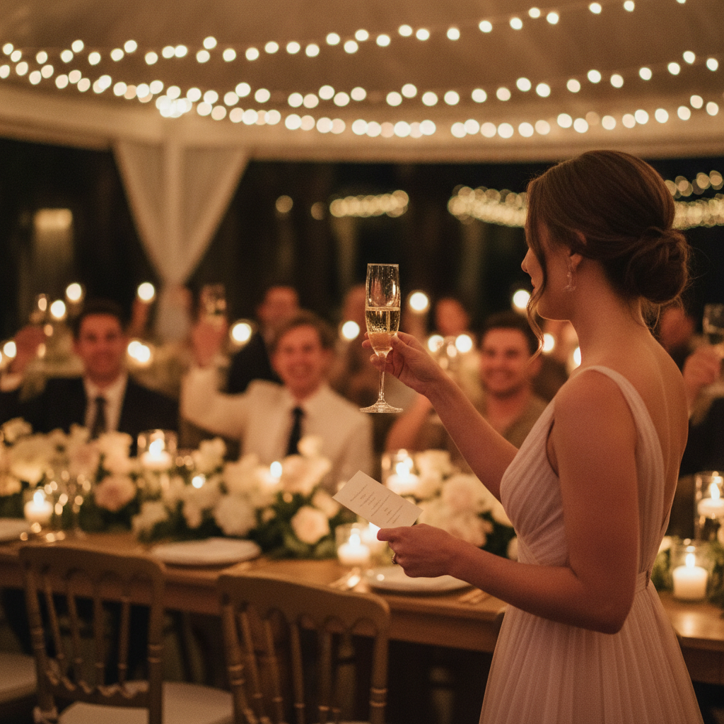 A maid of honor in a blush dress giving a toast at a wedding reception, holding a champagne glass and a speech card as guests raise their glasses