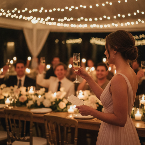 A maid of honor in a blush dress giving a toast at a wedding reception, holding a champagne glass and a speech card as guests raise their glasses