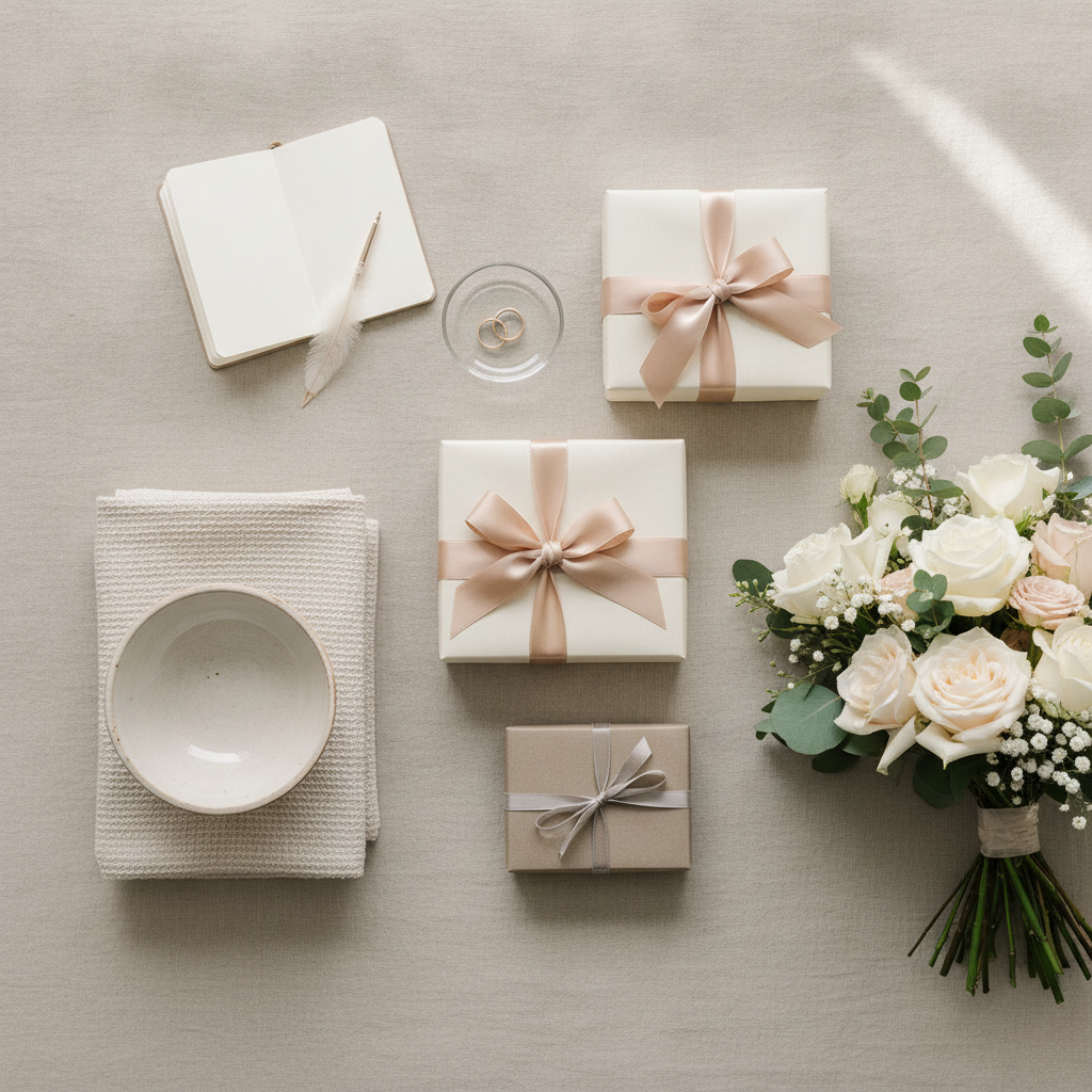 An elegant wedding registry flat-lay with wrapped gifts, home goods, wedding rings in a dish, a notebook, and a white and blush bouquet on linen