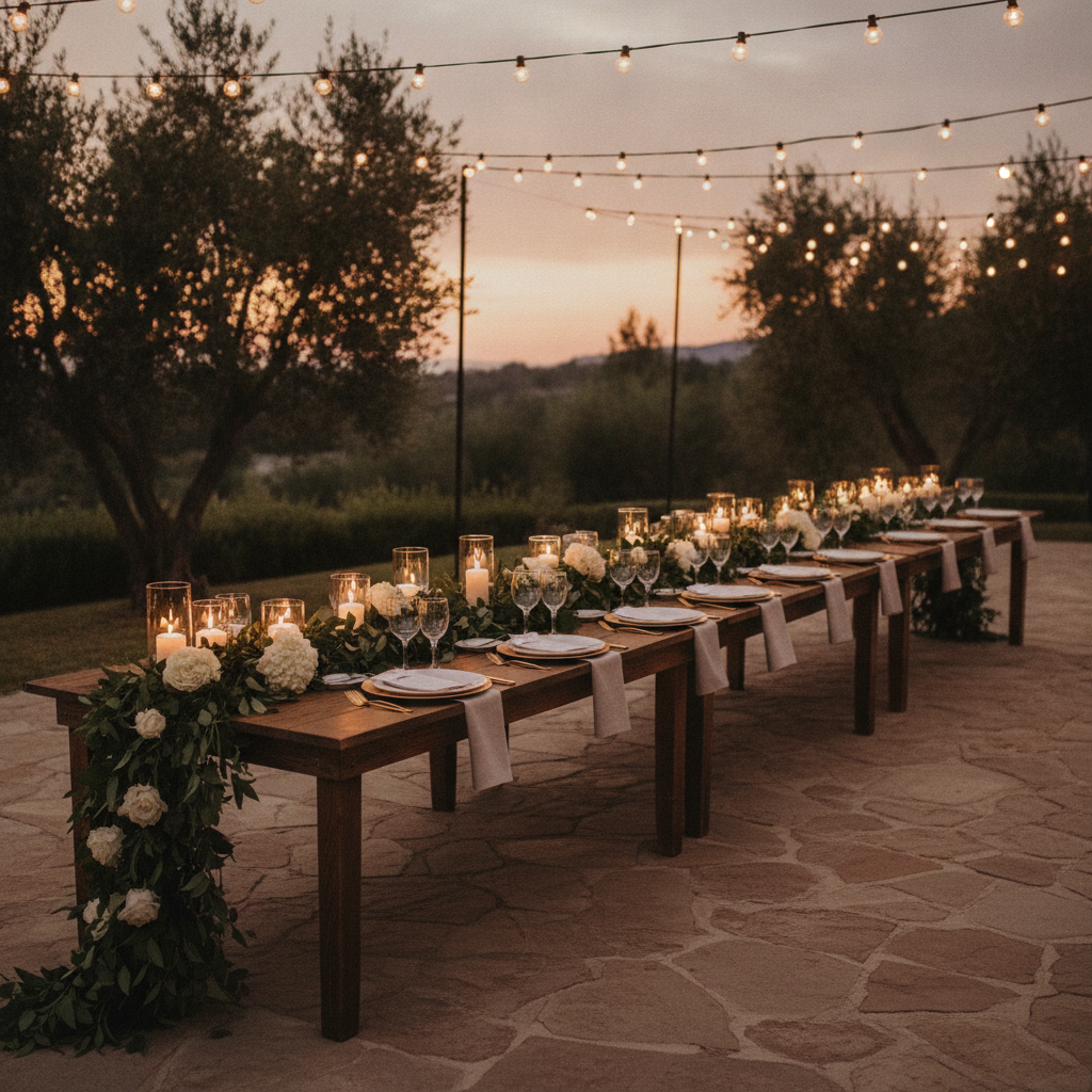 An intimate wedding rehearsal dinner with a long candlelit table set under string lights at dusk, greenery and white florals down the center