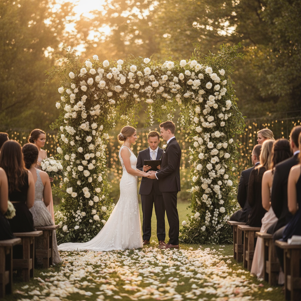 A bride and groom hold hands and read their wedding vows beneath a white floral arch at golden hour