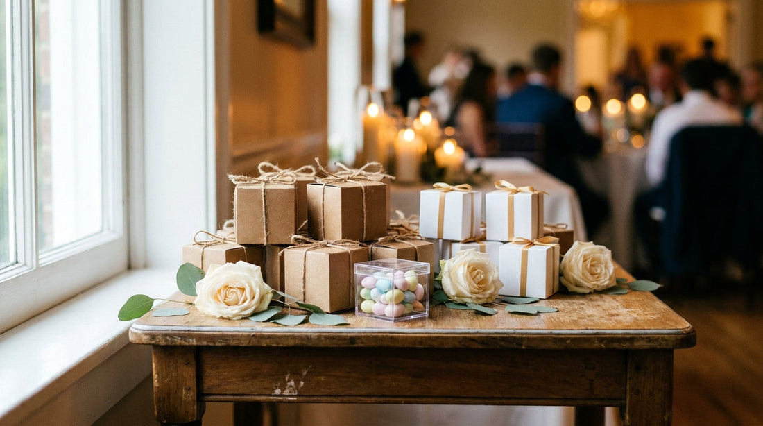 A wedding reception side table holding kraft favor boxes tied with twine, white favor boxes with gold ribbon, and a clear box of pastel candy beside cream roses