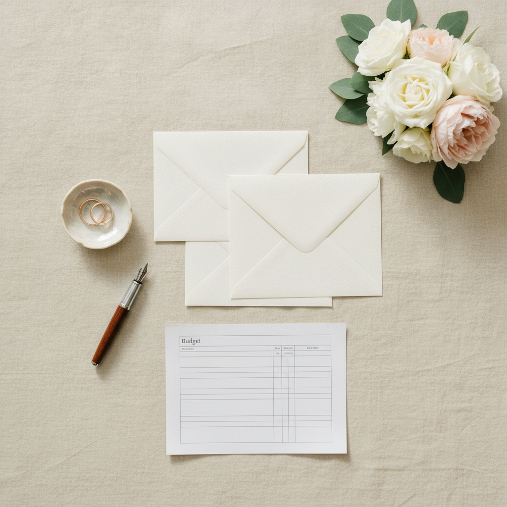 An elegant wedding flat-lay with cream envelopes, wedding rings in a dish, a fountain pen, a budget worksheet, and a white and blush bouquet on linen
