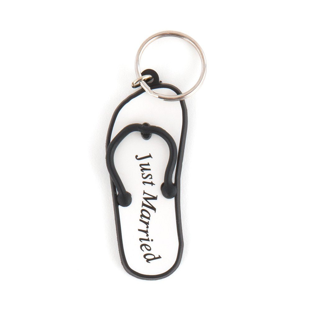 Mini Flip Flop Just Married Key Chains displayed as personalized keychain wedding favors for beach and destination weddings