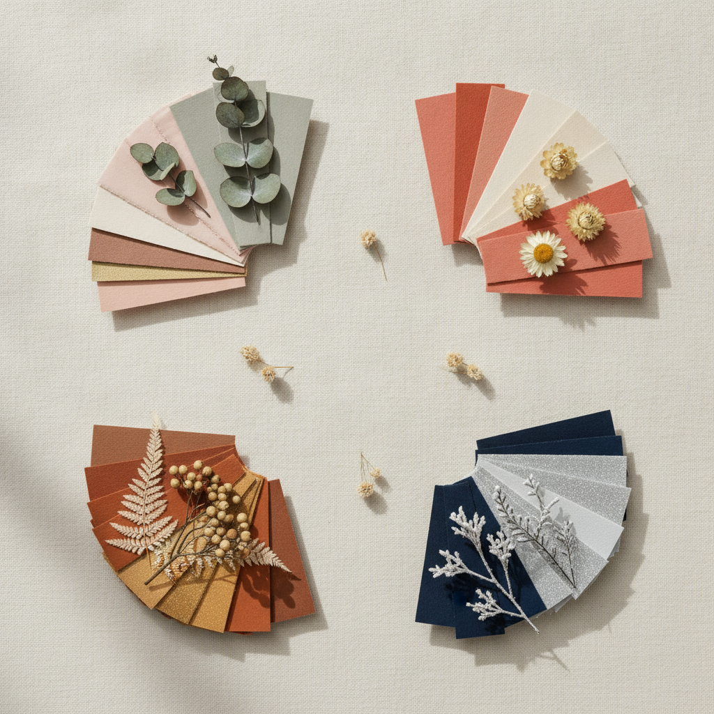 Four seasonal wedding color palettes laid out as fanned swatch cards on ivory linen, spring blush and sage, summer coral, autumn terracotta and gold, and winter navy and silver