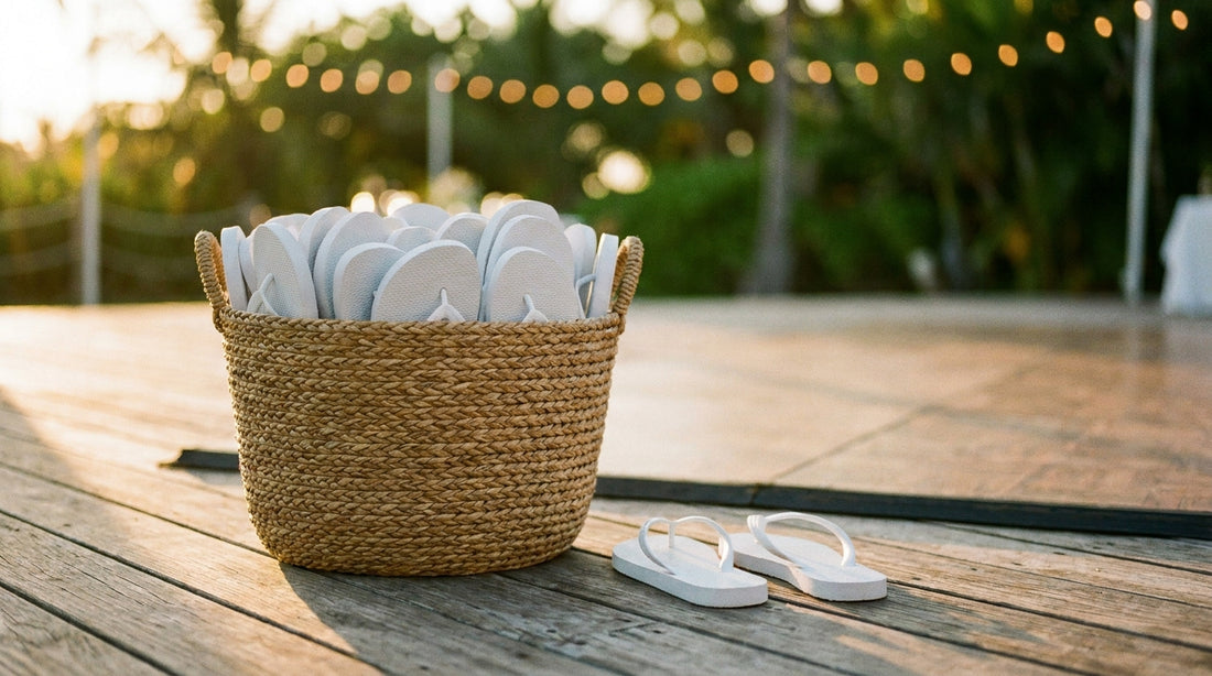 A woven basket filled with white wedding flip flops for guests set out on a wooden reception deck with string lights glowing at golden hour