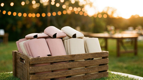 A wooden crate of blush and cream can koozies at an outdoor wedding reception under warm string lights at golden hour