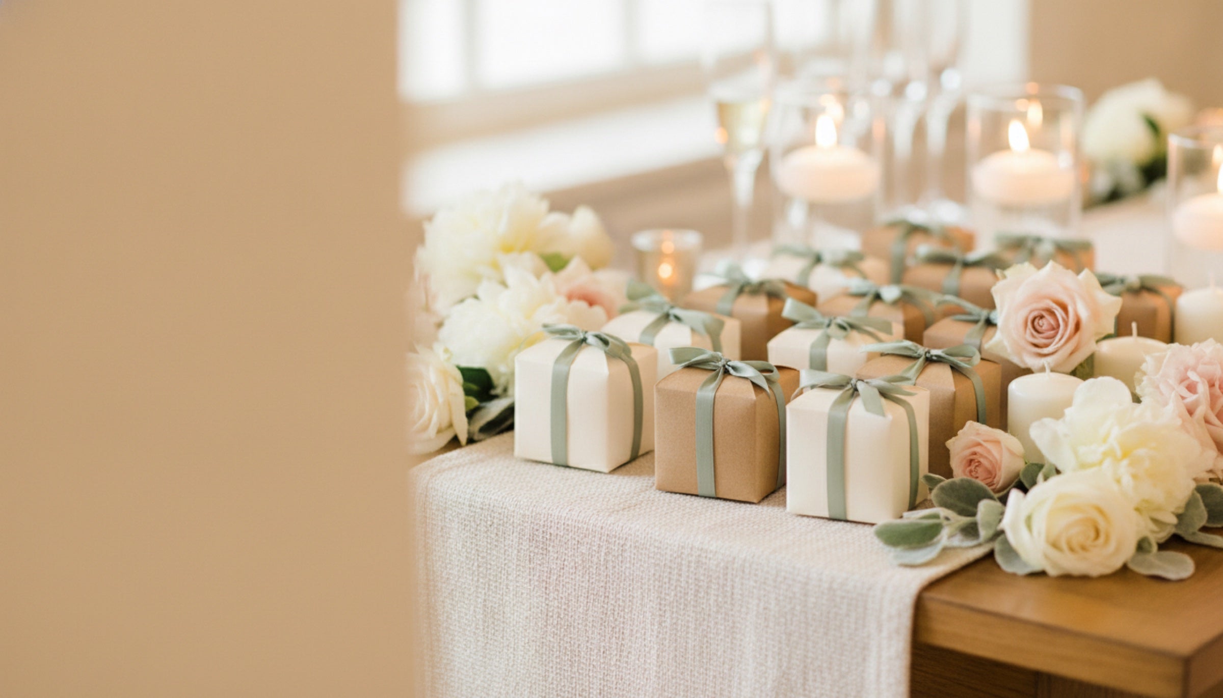 Personalized wedding favors in kraft boxes tied with sage ribbon on an ivory linen welcome table with blush roses and soft candlelight.