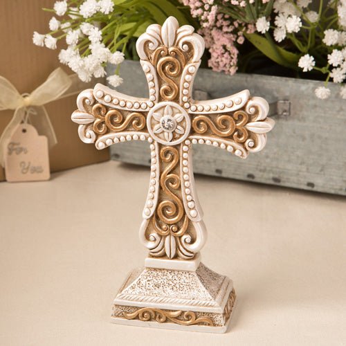 Beautiful Antique Ivory Cross Statue with Matte Gold Detailing - Forever Wedding Favors