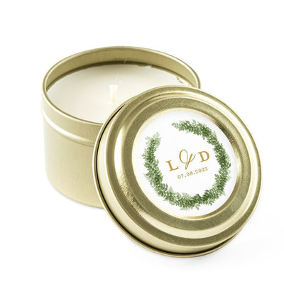 Gold Tin Candle - Love Wreath Initial - Forever Wedding Favors