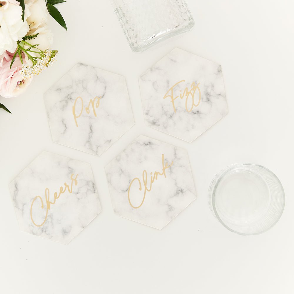 Hexagonal Paper Drink Coasters - Geo Marble Collection - Set Of 12 - Forever Wedding Favors