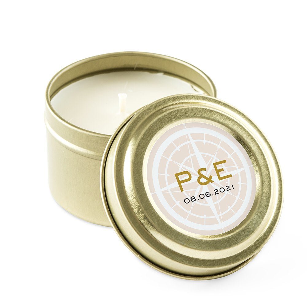 Personalized Gold Tin Candle - Vintage Travel - Forever Wedding Favors