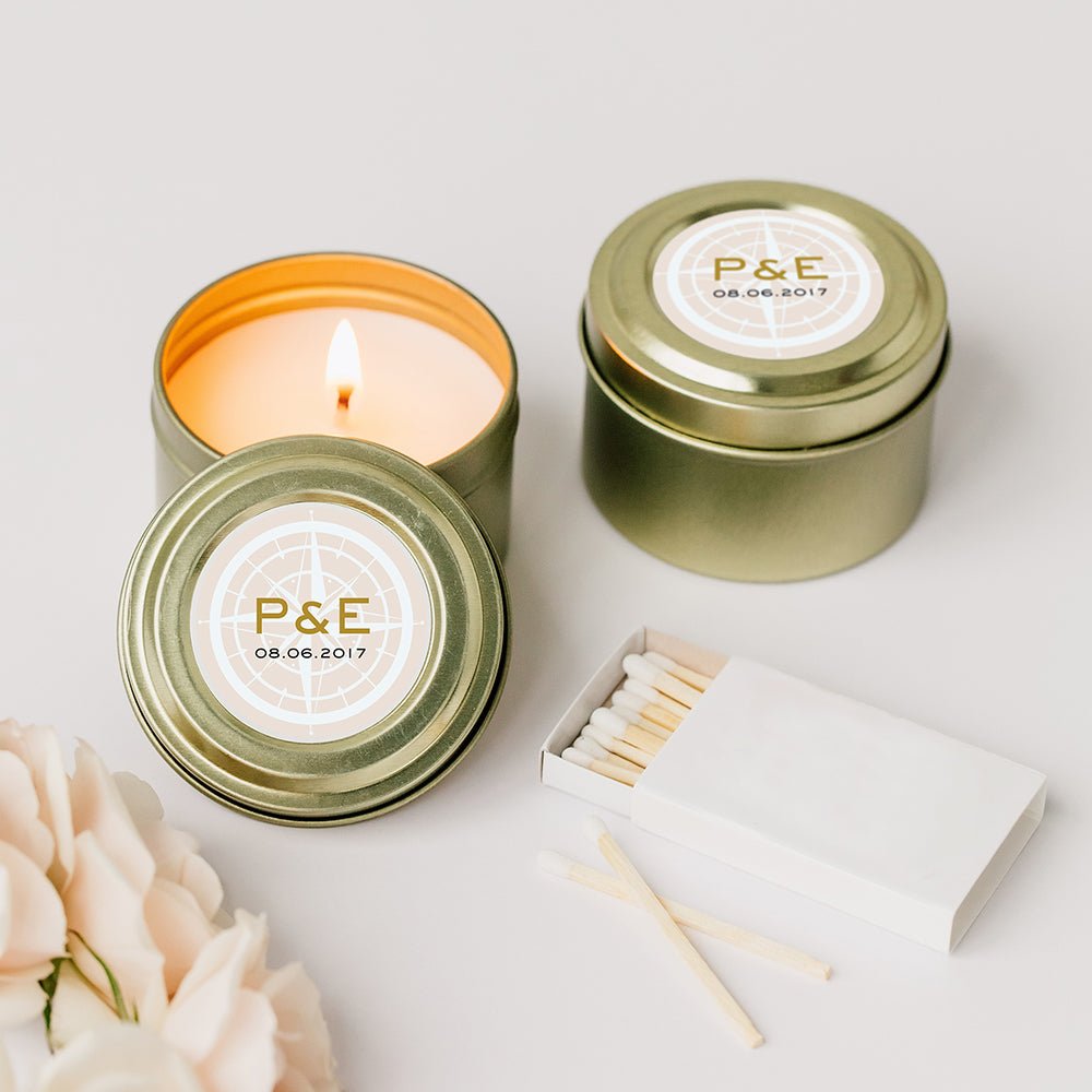 Personalized Gold Tin Candle - Vintage Travel - Forever Wedding Favors