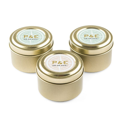 Personalized Gold Tin Candle - Vintage Travel - Forever Wedding Favors