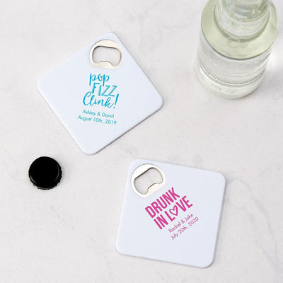 Personalized Plastic Drink Coaster Favor With Bottle Opener - Forever Wedding Favors