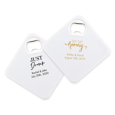 Personalized Plastic Drink Coaster Favor With Bottle Opener - Forever Wedding Favors
