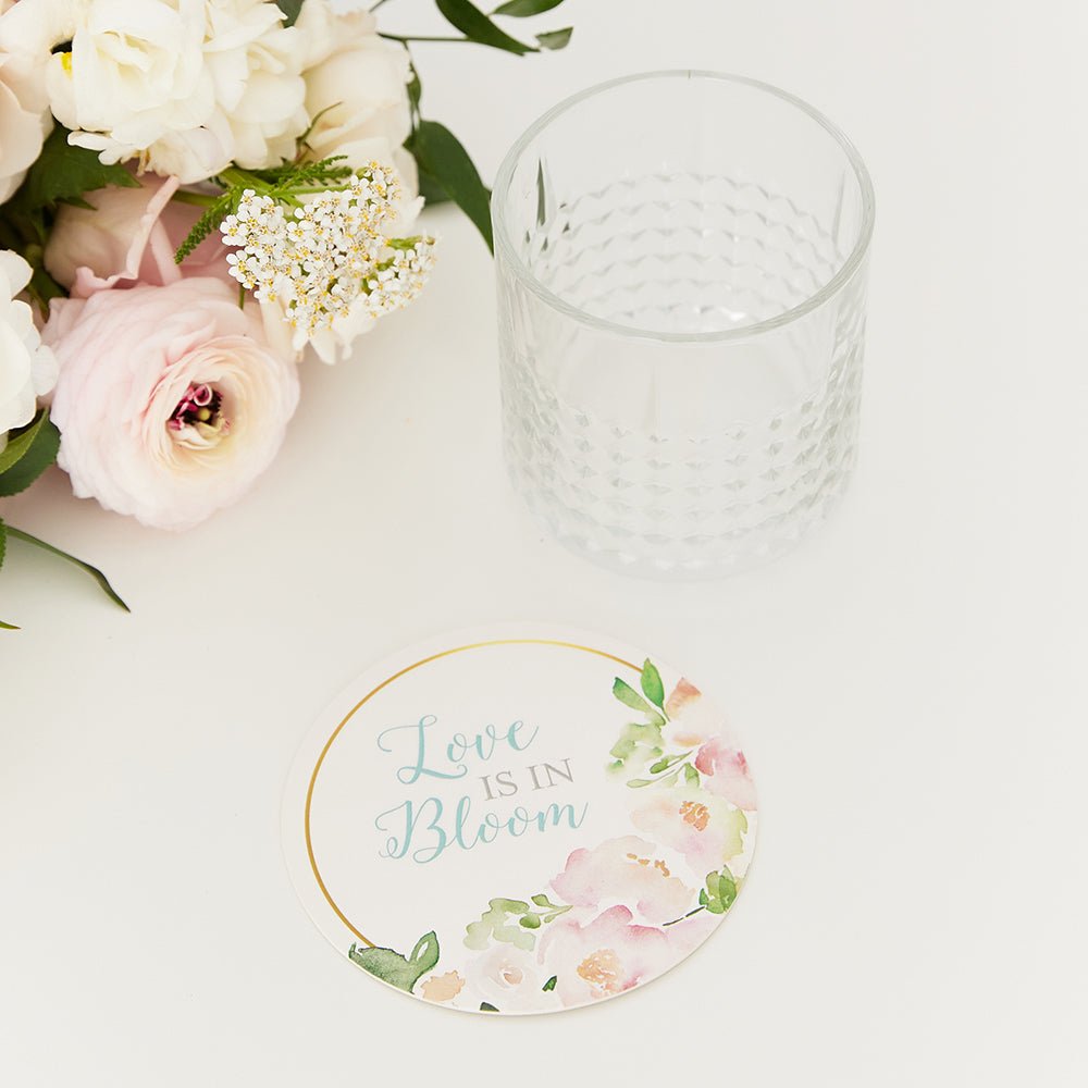 Round Paper Drink Coasters - Love In Bloom - Set Of 12 - Forever Wedding Favors