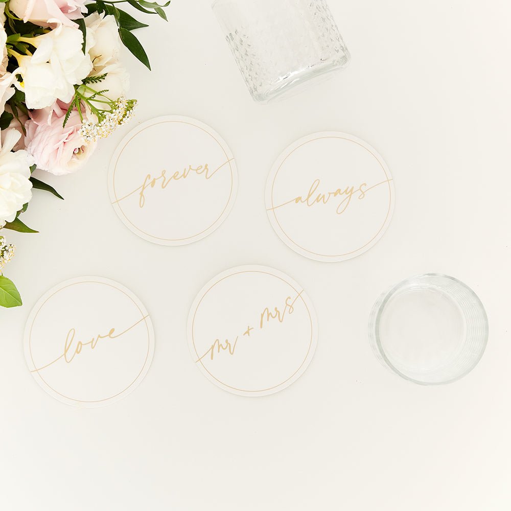 Round Paper Drink Coasters - Mr And Mrs Collection - Set Of 12 - Forever Wedding Favors