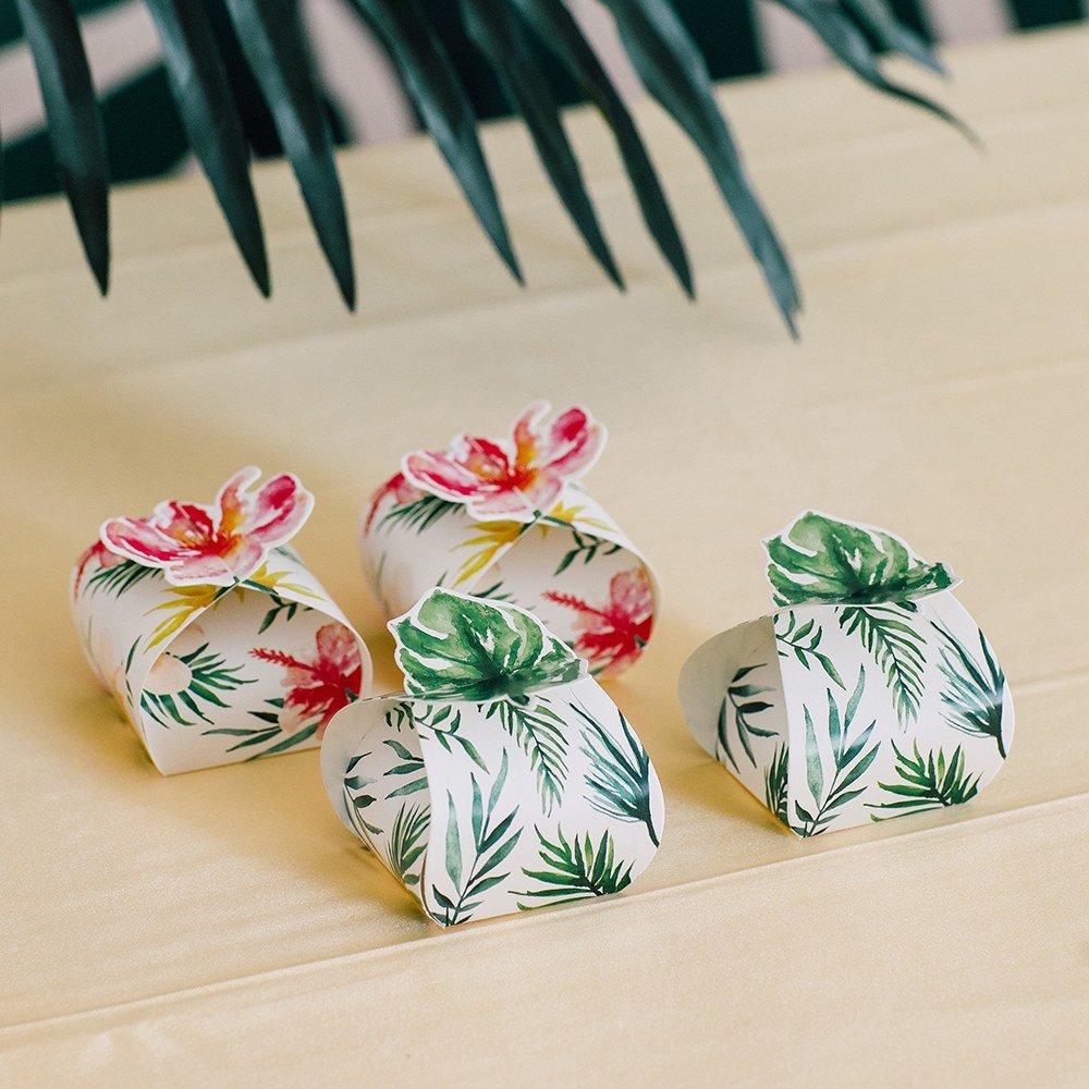 Uniquely Shaped Paper Wedding Favor Boxes - Tropical Floral - Forever Wedding Favors