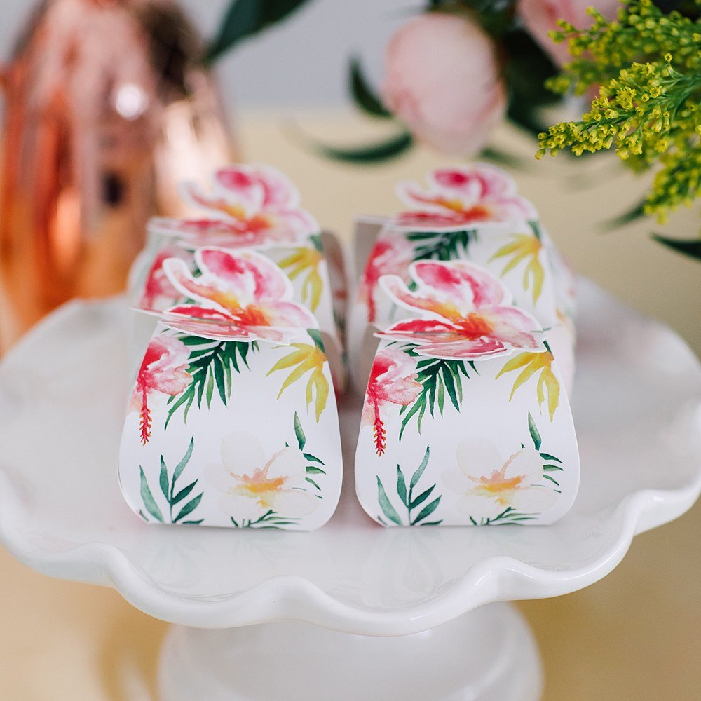 Uniquely Shaped Paper Wedding Favor Boxes - Tropical Floral - Forever Wedding Favors
